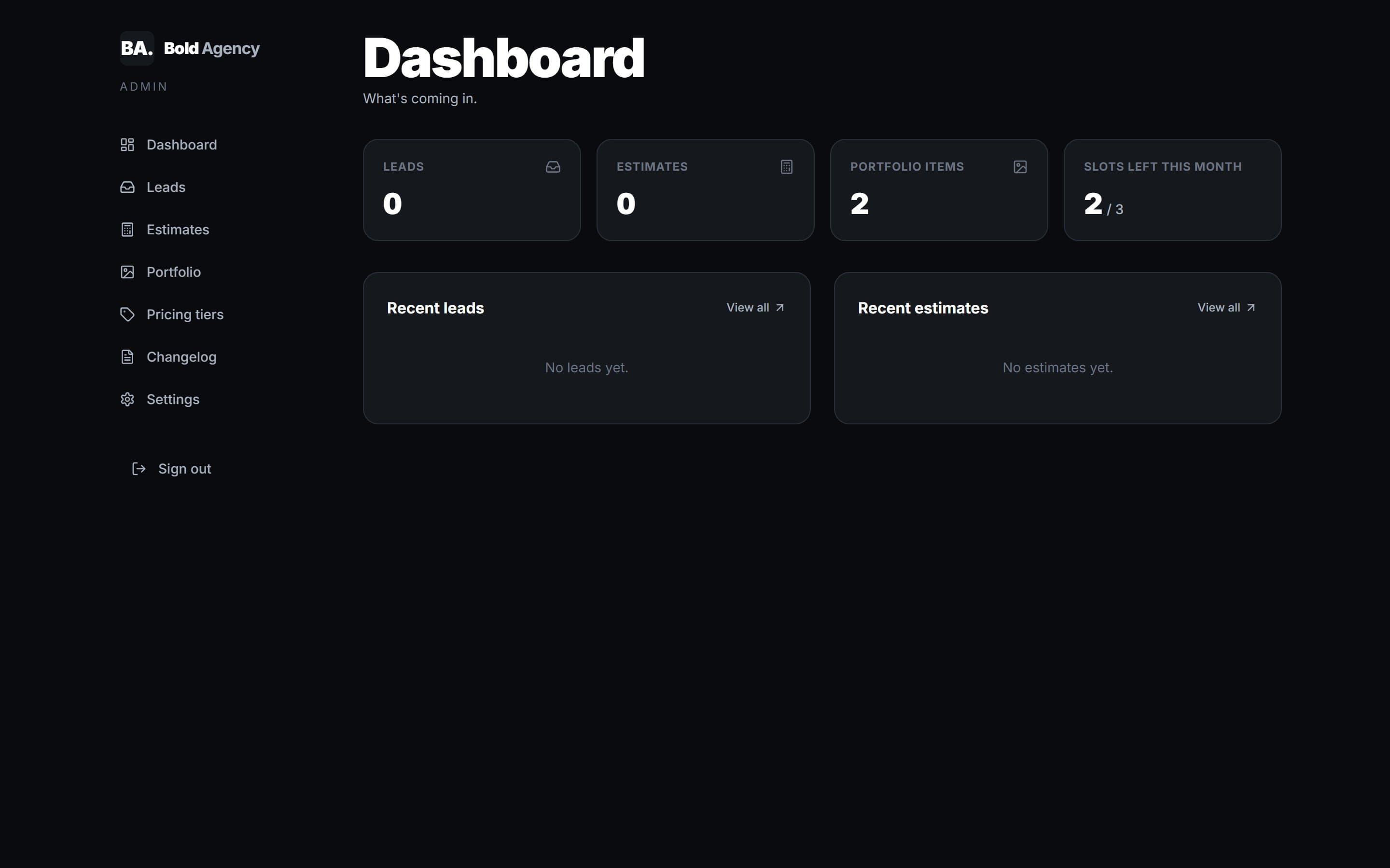 Bold Agency admin dashboard — leads, estimates, slots