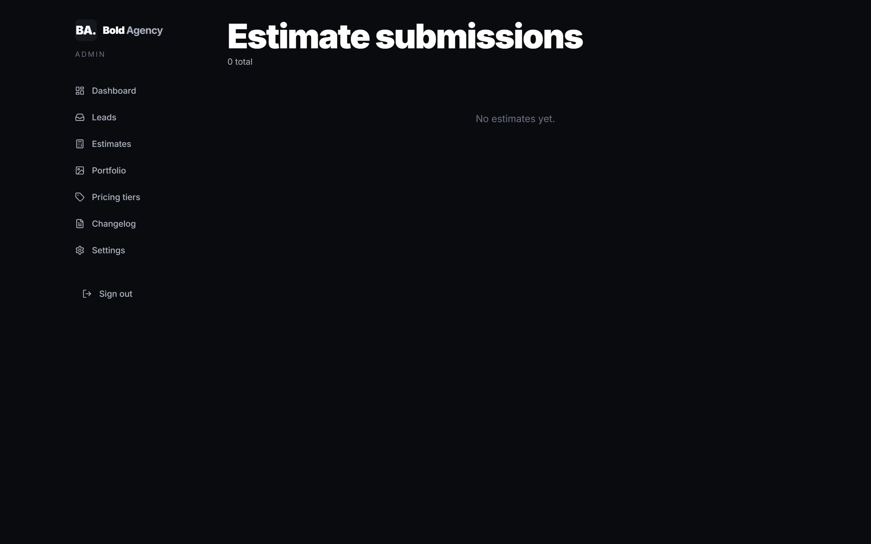 Bold Agency admin estimate submissions inbox with full breakdowns
