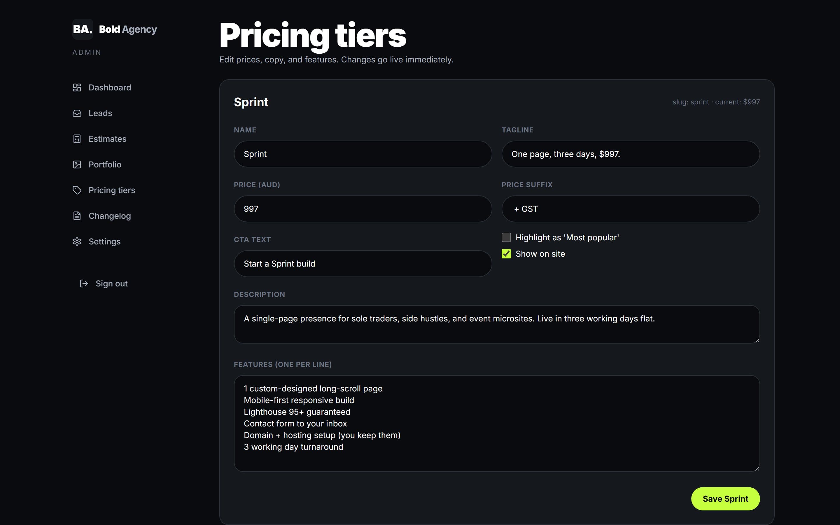 Bold Agency admin pricing tier editor — edit prices and features live