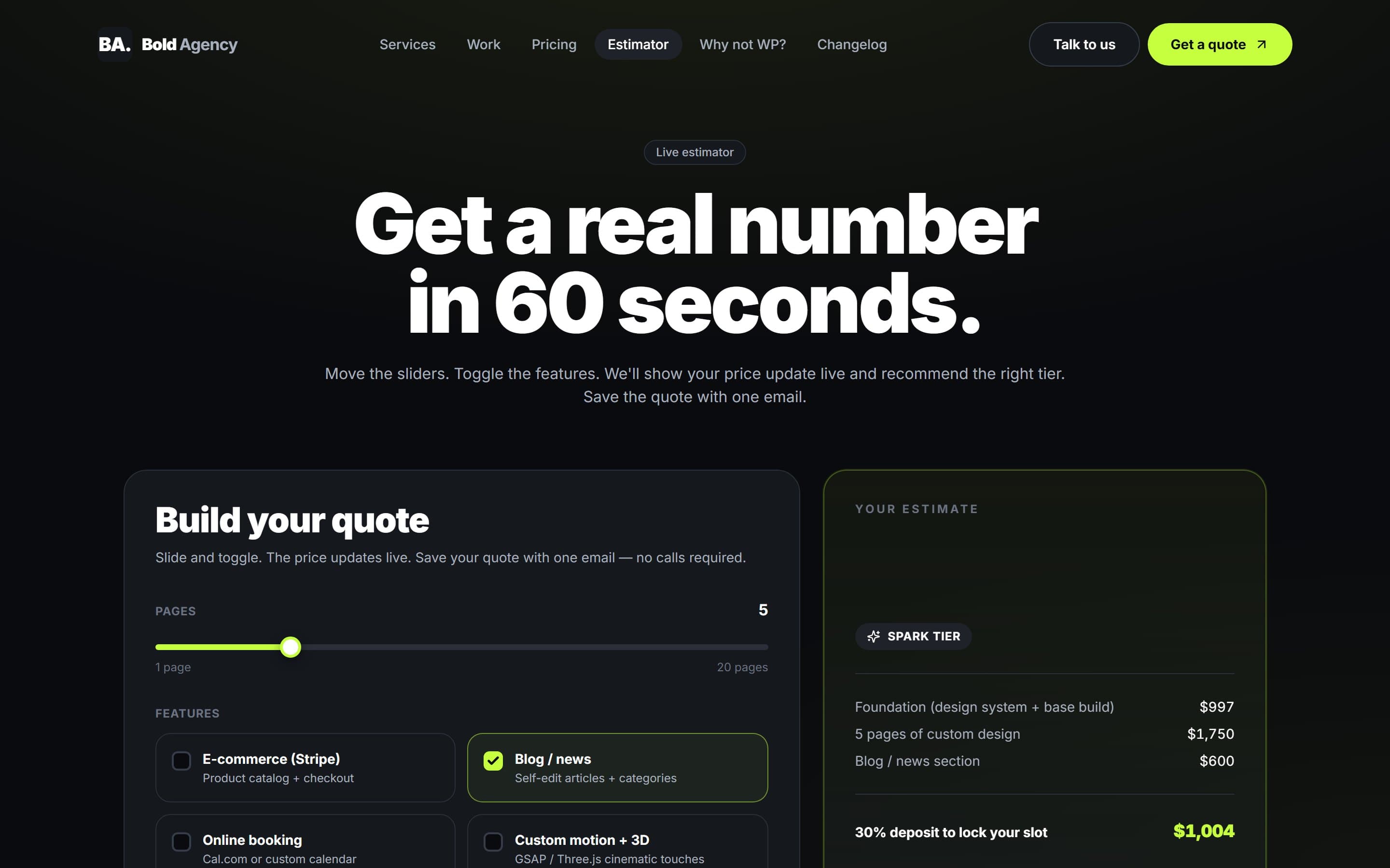 Bold Agency live quote estimator with sliding pricing