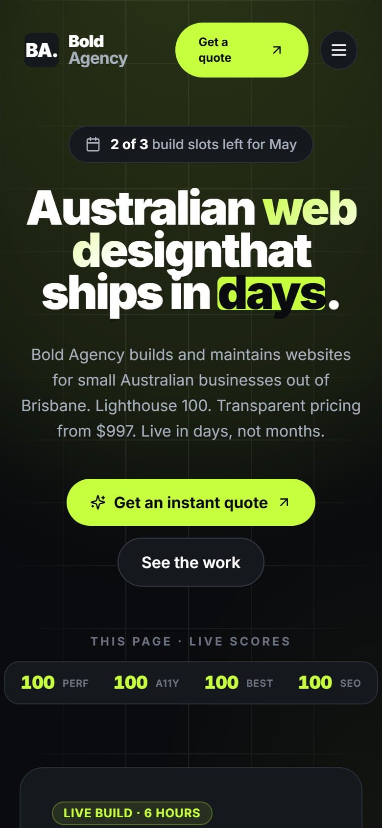 Bold Agency homepage on mobile — responsive layout