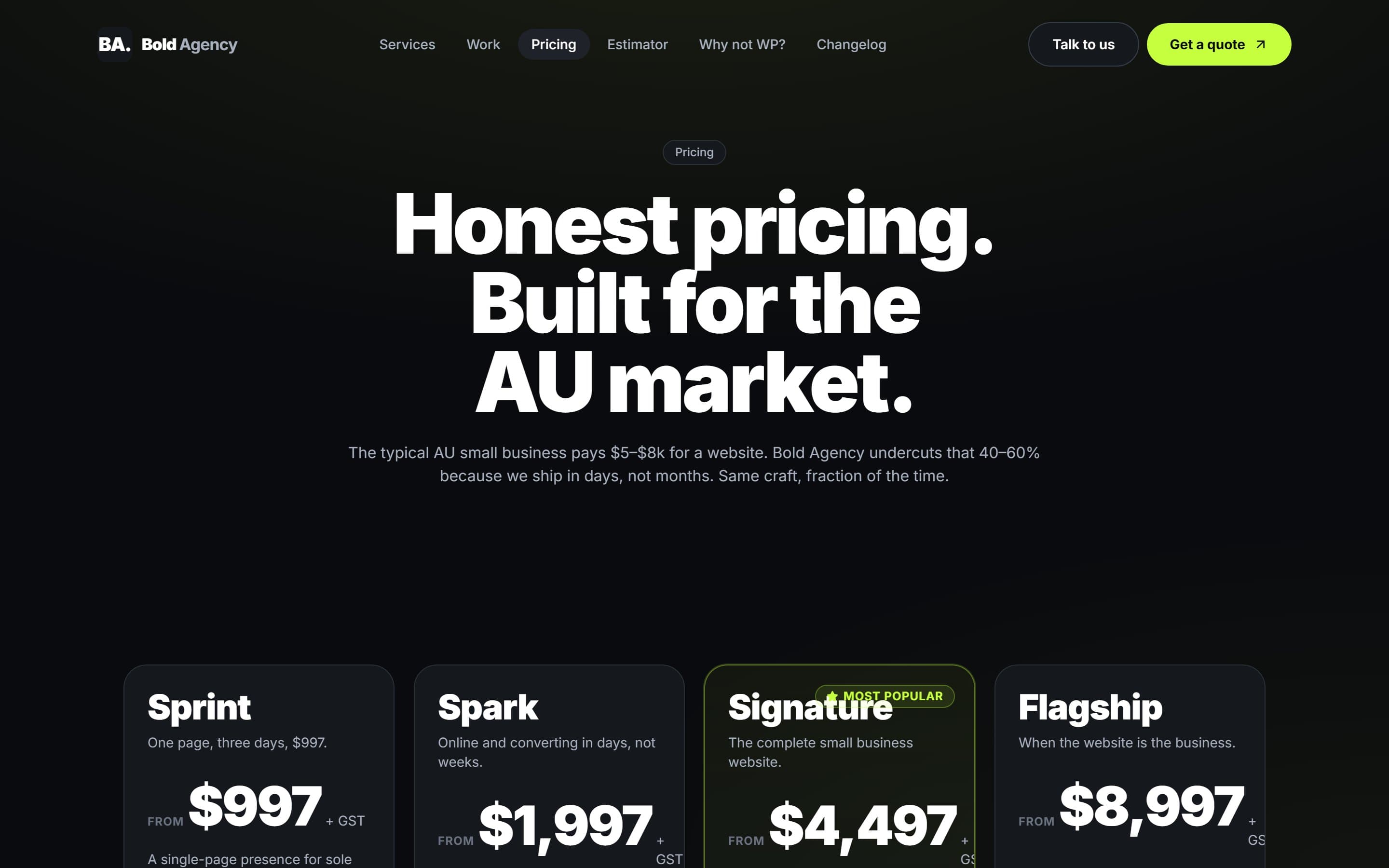 Bold Agency pricing page with tier comparison table