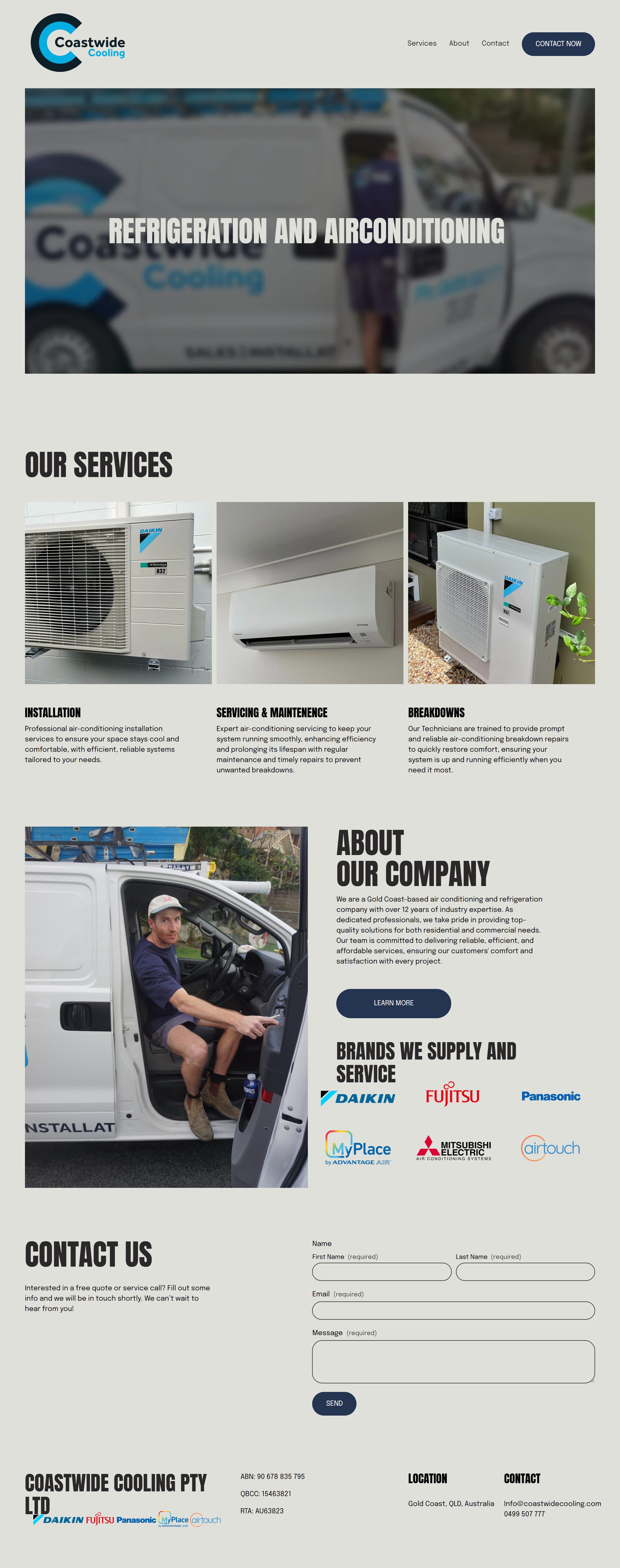 Coastwide Cooling full homepage scroll — services, brands, contact