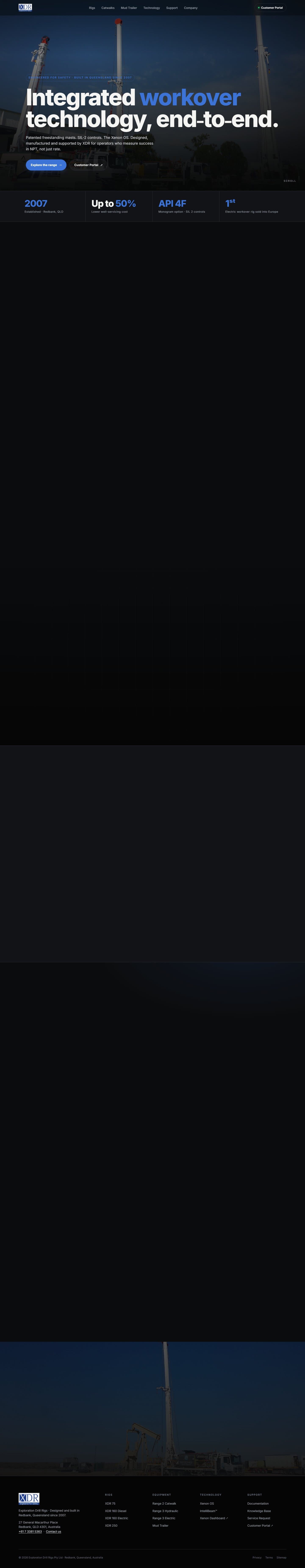 XDR website — desktop scroll showing the rig hero, product range, and Xenon OS sections