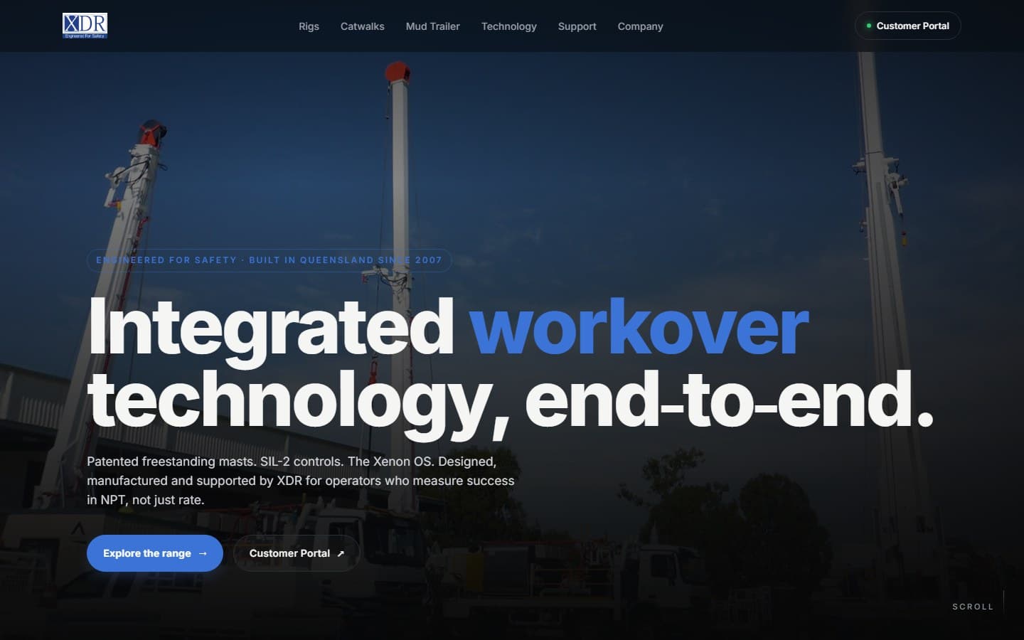 XDR — Exploration Drill Rigs website hero — Workover rig technology, end-to-end