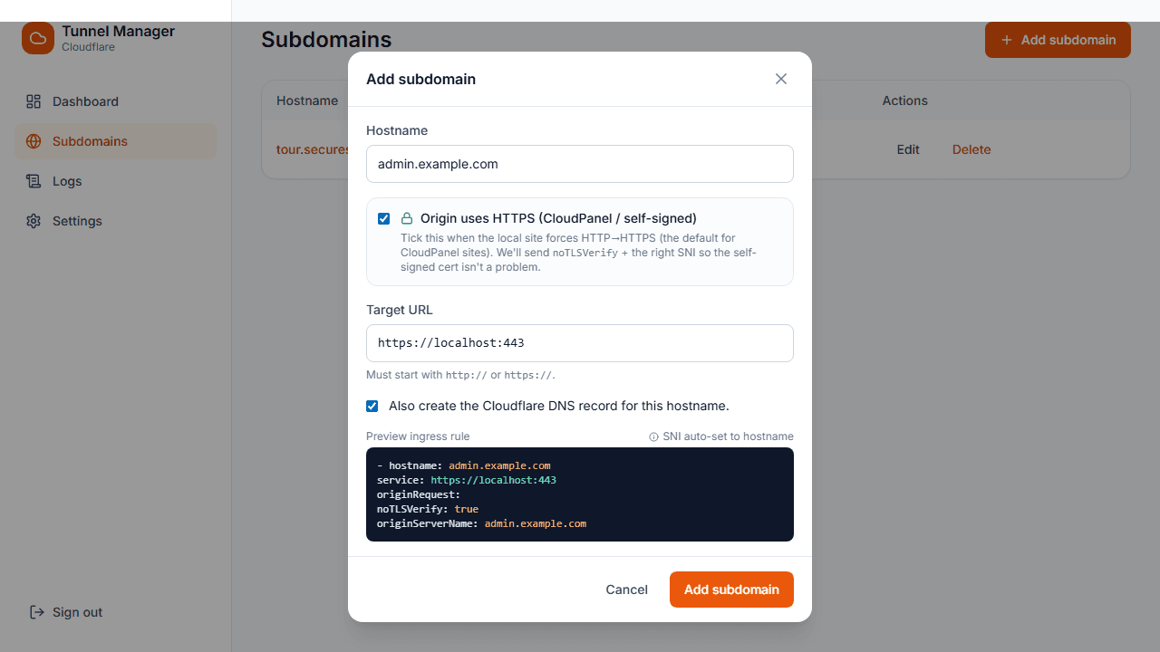 Cloudflared UI add-subdomain form — auto-creates DNS records and tunnel routing in one step