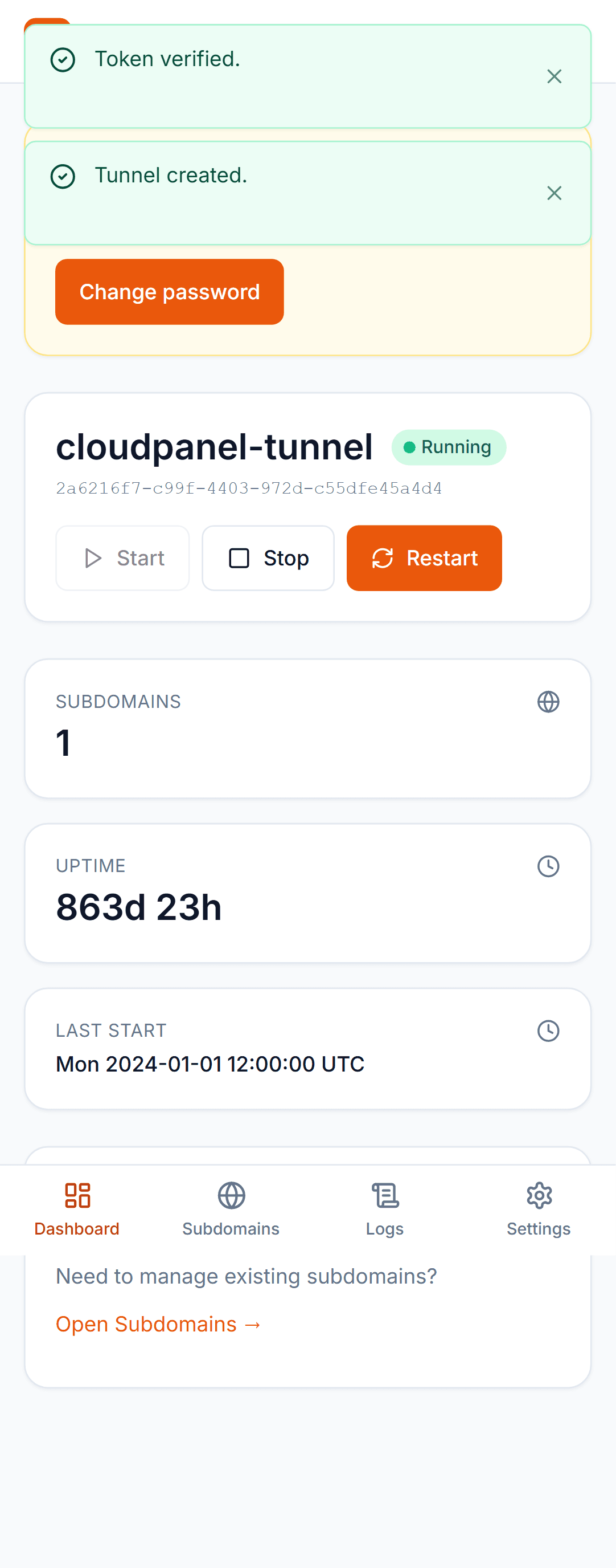 Cloudflared UI dashboard on mobile — responsive layout with all tunnels visible at a glance