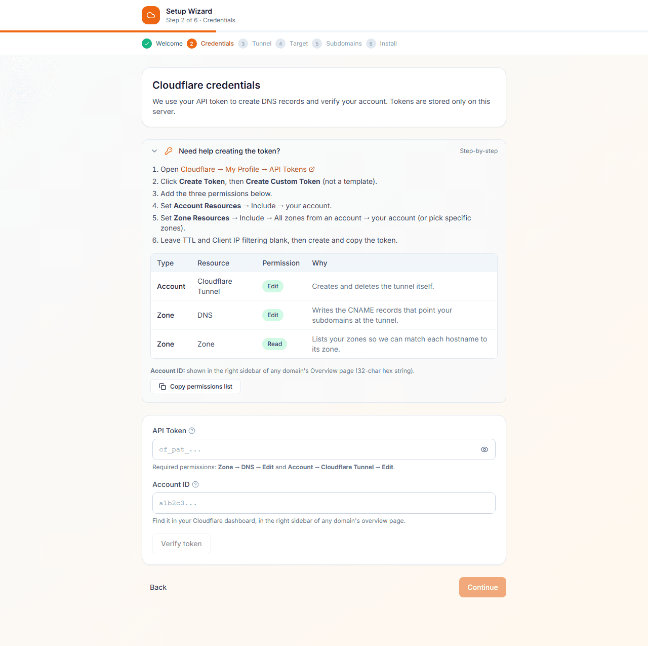 Cloudflared UI setup wizard — Cloudflare API credentials entry step
