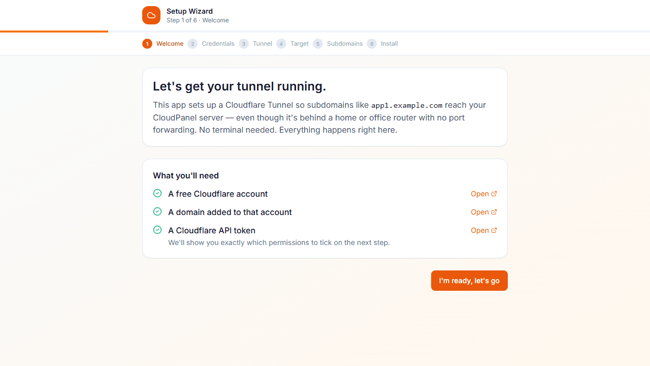 Cloudflared UI setup wizard — welcome screen explaining the steps to connect a Cloudflare account